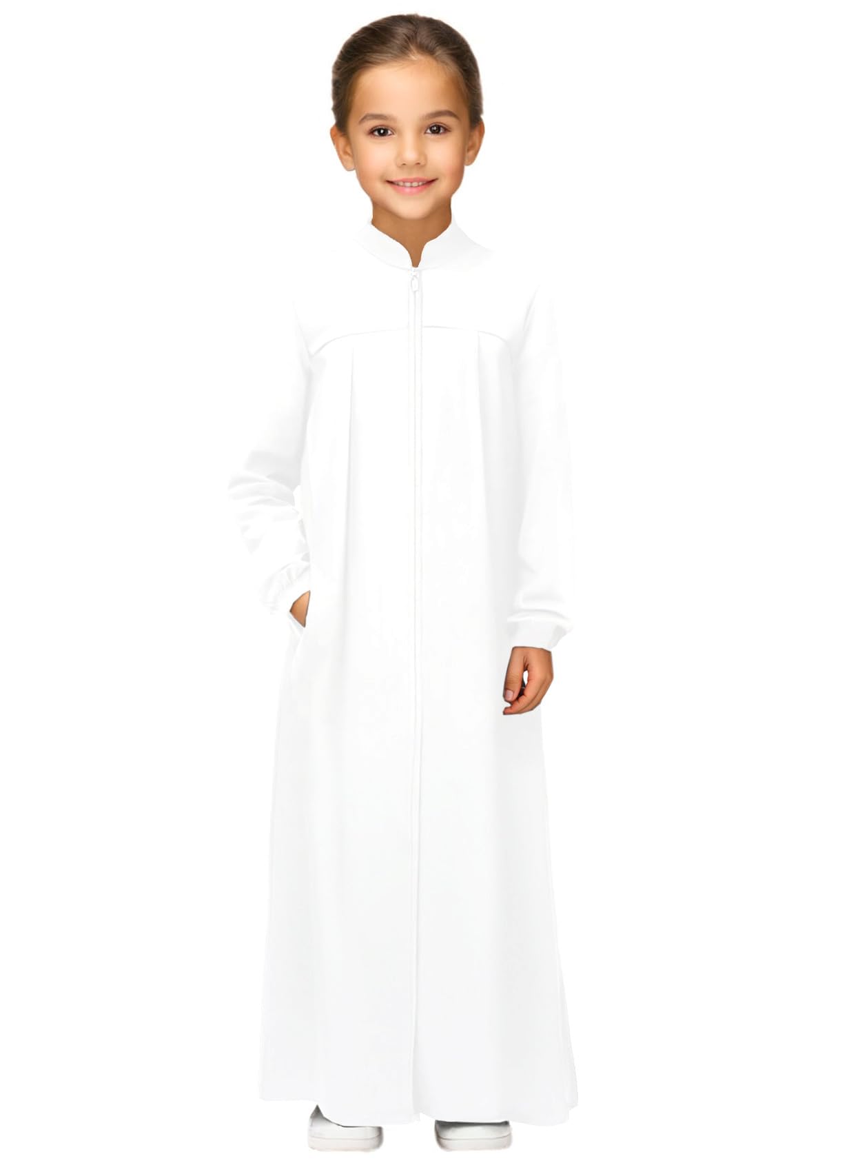 Girls Abaya Muslim Dress with Front Zipper 2 Pockets Dress Long Sleeve Solid Islamic Prayer Clothes for Kids