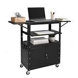 Portable AV Cart with Locking Storage Cabinet, Adjustable Laptop Stand & Drop Leaves, Rolling Workstation with...