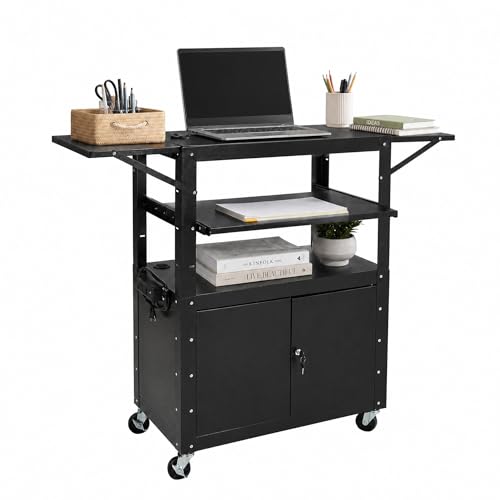 Mobile AV Cart with Locking Storage Cabinet, Adjustable Laptop Stand & Drop Leaves, Rolling Workstation with Power Outlets for Classroom, Office, or Home Use
