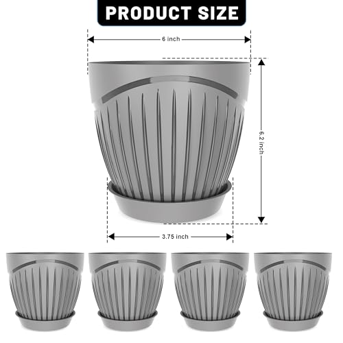 Image of ELUVIA Plastic Plant Pots with Drainage Holes and Trays - Set of 5 (6 Inch) - Minimalist Decorative Indoor Flower Pots for Living Room, Balcony & Office Garden (Grey)