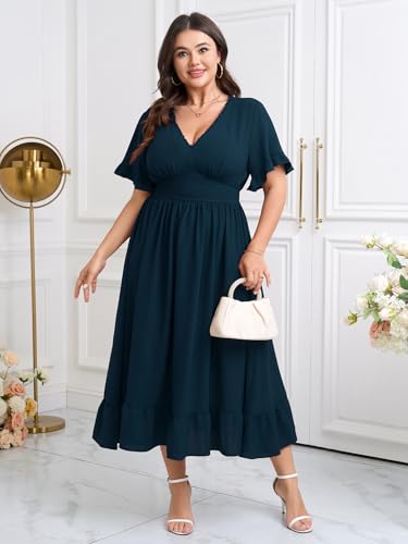 Women Plus Size V Neck Maxi Dress Short Sleeve Smocked Waist Ruffle Hem Flowy Summer Formal Wedding Guest Dresses3