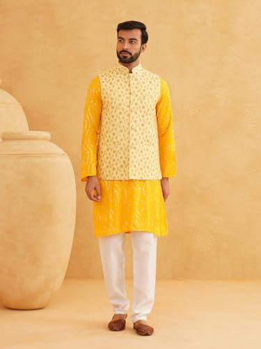 Image of SOJANYA (Since 1958 Men's Pure Cotton Mustard Kurta and White Pyjama With Yellow Embroidery Nehru Jacket