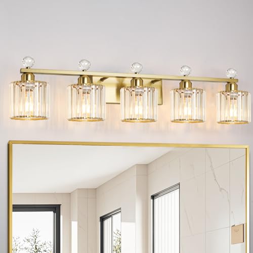 Image of Bathroom Vanity Light Fixtures 5-lights, Gold Crystal Vanity Lights for Bath, Bathroom Lights Fixture with Clear Crystal Glass Shade, Modern Wall Light over Mirror, Wall Sconces Light for Hallway