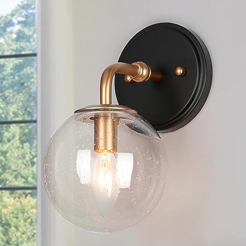 Image of KSANA Black Gold Wall Sconces, 1-Light Globe Sconces Wall Lighting with Seeded Glass Shade, Modern Bathroom Wall Sconce Light Fixtures for Kitchen, Bedrooms, Hallway, Powder Room
