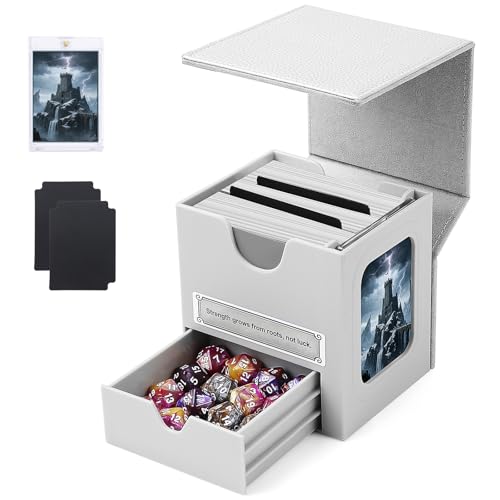 MAKHISTORY Patented MTG Commander DekBox 100+ Double Sleeved Card Storage Box with Dice Tray 35pt Card Holder & 2 Dividers - Magnetic Deck Case for TCG/CCG/Magic/Sports Cards Grey