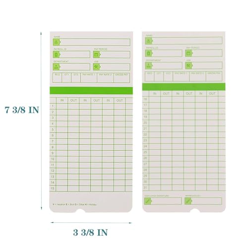 Image of 200PCS Time Cards for Employees, 2-Sided, Monthly Time Cards for HN3000, 3 3 /8 inch x 7 3 /8 inch, Green