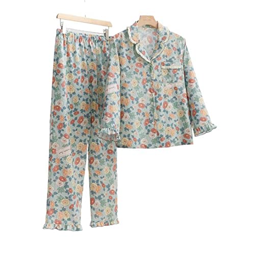 ZSQZJJ Femmes 100% Coton Cardigan Manches Longues Pyjama Ensemble Doux et Confortable décontracté Coupe Ample avec Poches 2 pièces Ensemble Cover
