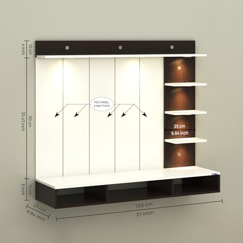 Image of Anikaa Tyron Engineered Wood Wall-Mount TV Unit with PVC Back Panel & LED Lights | TV Cabinet with Storage Box & Decorative Shelves (Wenge /White) | Ideal for TVs up to 43 Inch | DIY Installation