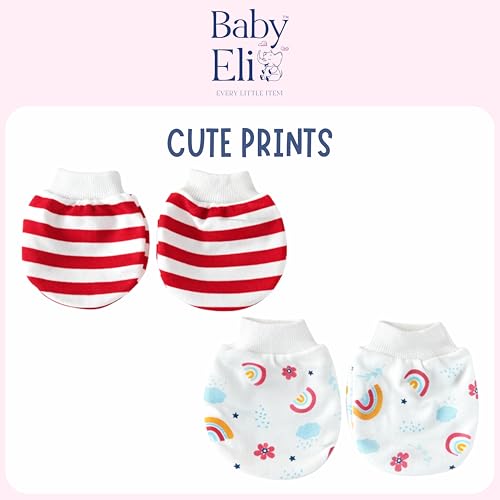 Image of Baby Eli Cotton Newborn Mittens (Picot Wrist) Set of 6 for Baby Boys & Girls 0-6 Months | Soft and Cozy Unisex Infant Gloves | Assorted Baby Hand Gloves | Adjustable Scratch Protection