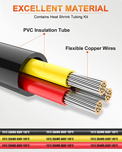 NAOEVO 20 Gauge Wire 3 Conductor Electrical Wire, 20 AWG Stranded PVC Cord, 12V Low Voltage/Tinned Copper/Flexible Cable for Automotive Wiring, Lamp Cord, Marine Cable (50FT)