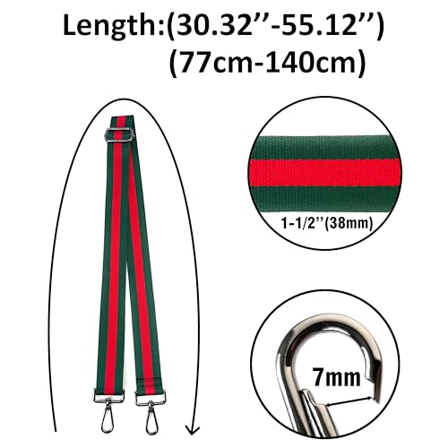 Image of Classic Green Red Stripe Purse Strap with Silver Hardware 1-1 /2 Inch Wide Replacement Crossbody Guitar Style Shoulder Strap for Handbags Totes