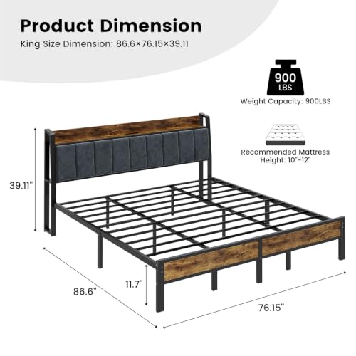 Image of Liians King Bed Frame with Storage Headboard and Charging Station | LED Lights, Metal Platform Bed, Noise Free, No Box Spring Needed, Easy Assembly