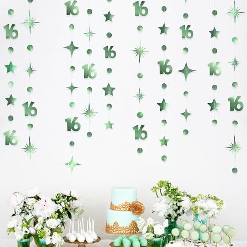 Image of Sage Green Number 16 Circle Dot Twinkle Star Garland Hanging Streamer Bunting Banner Backdrop Decorations for Girls Happy 16th Birthday Sweet Sixteen 16th Anniversary Cheers to 16 Years Party Decor
