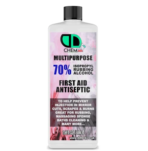 DD 70% Isopropyl Rubbing Alcohol First Aid Antiseptic, Disinfectant, Cleanser for Household, Hospitals, Office, Remove Stains, Grease & Paint, Cleans (50ml Cap)