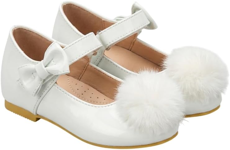 SIRRI Little Girls Patent Pom Pom Mary Jane Shoes Hook-and-Loop Party Wedding Flats