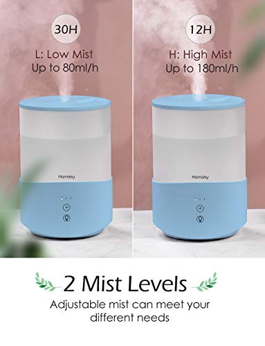 Homasy Humidifiers for Bedroom, 25dB Cool Mist Humidifier Diffuser, 2.5L Top-Fill Evaporator for Kids, Sleep Mode, 30H Run-Time, Auto Shut Off, Blue - Thumbnail 3