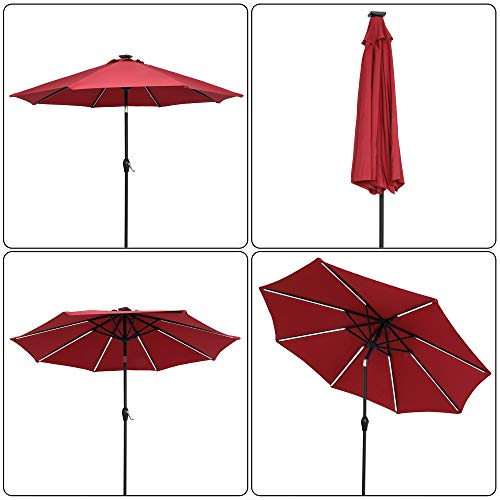 Aurora Furniture 9 Ft Strip Light Outdoor Patio Umbrella, Folding Market Table Sunbrella Waterproof Umbrella with Solar Energystorage Panel for Yard Lawn Beach, Base not Included, Wine Red