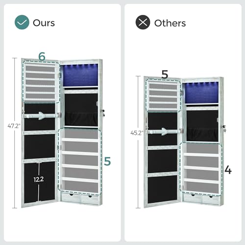 image for SONGMICS 6 LEDs Mirror Jewelry Cabinet, 47.2-Inch Tall Lockable Wall o