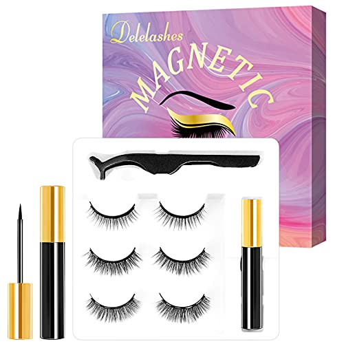 Delelashes Magnetic Eyelashes with Eyeliner Kit, Magnetic False Lashes with Applicator-Easy to Apply & Remove and Glue Free,3 Pairs 3D & 5D Natural Look Reusable Eyelashes Set