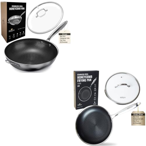 Image of MUGAA Nonstick Stainless Steel Pan Set – 12.5” Wok with Lid + 12” Frying Pan with Lid, Tri-Ply Honeycomb Hybrid Pans, Premium Kitchen Bundle