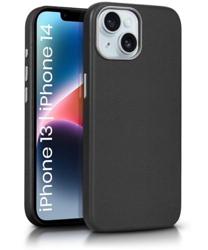 Image of WOW IMAGINE Back Cover for iPhone 13 | iPhone 14 | Shockproof Tough Leather Texture Hard Mobile Case | Ultra Slim Non-Slip Grip | Inner Velvet Fabric | Metal Camera Ring (Black)