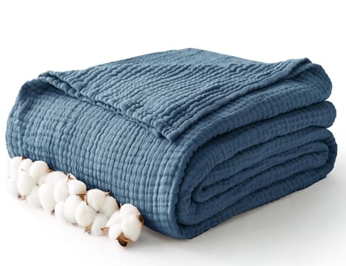 100% Cotton Muslin Blanket Twin XL 66" x 90", 6 Layers Breathable and Lightweight Twin Blanket for Bed, Soft Boho Bedspread, Gauze Bedding for All Season, Blue