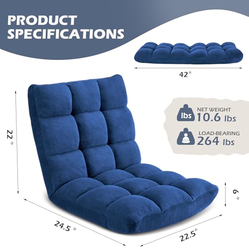 Image of Folding Floor Gaming Chair 14-Poistion Cushioned Adjustable Floor Lazy Sofa Chair w /Breathable Cotton & Skin-Friendly Velvet for Adults & Kids Perfect for Reading Gaming Meditating, Darkblue