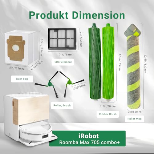 Image of Replacement Parts for iRobot Roomba Max 705 705x Combo Robot + AutoWash Dock Vacuum Cleaner, 1 Set Roller Brush 1 Mop Roller Brush 5 Dust Bag 4 HEPA Filter 3 Pairs Side Brush Accessories kit