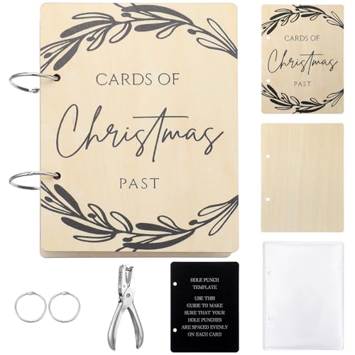 Hoolerry Christmas Wood Card Organizer Set Christmas Card Holder Include a 6 x 8 Cards Organizer a Hole Punch a Print Template 20 Protectors for Holiday Greeting Storage Gift (Classic)