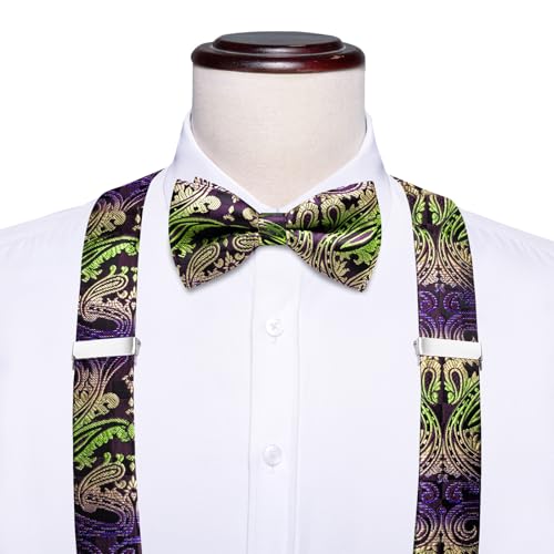 Image of Dubulle Suspender and Bow Tie for Men Paisley Solid Mens Suit Braces Pretied Bowtie and Handkerchief Cufflinks Formal Wedding