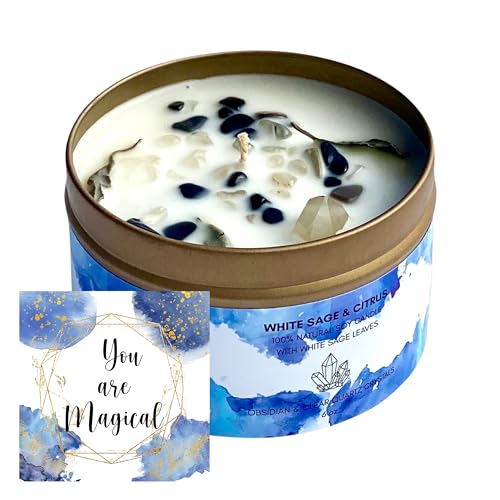 Whitesageandcitrussmudgecandlewithobsidianandquartzcrystals9ozmadewithnaturalsoywaxscentedwithessentialandfragranceoilswhite  Urban Country Home Decor White sage and citrus smudge candle with obsidian and quartz crystals 9 oz made with natural soy wax scented with essential and fragrance oils white  urban country home decor