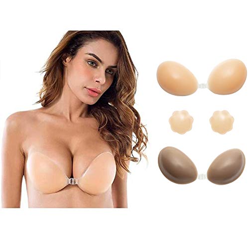 SLTY Self Adhesive Bra Strapless Backless Silicone Bra Reusable Invisible Push up Bra for Women with Nipple Covers Brown