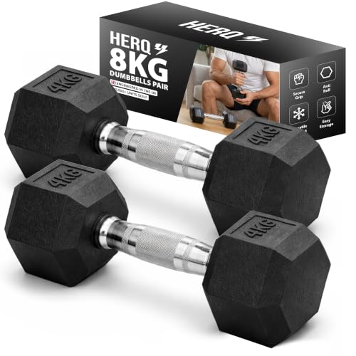 HERQ Hex Dumbbells Set | Rubber Coated Dumbbell Pair | Anti-Roll Free Weights for Home Gym | Ergonomic Grip Weights Set for Strength Training Fitness Bodybuilding Workouts (8KG | 2 X 4KG)