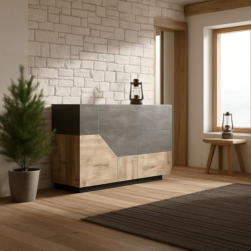 Dmora - Kommode Ludovico, Küchen-Sideboard mit 2 Türen und 3 Schubladen, Wohnzimmer-Buffet, 100 % Made in Italy, 141 x 43 x 86 cm, Schiefer und Ahorn,