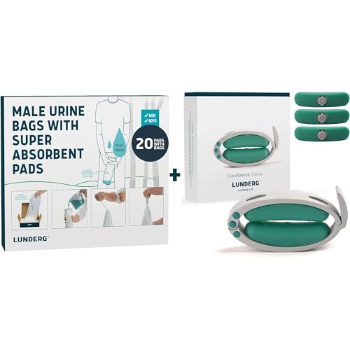 Lunderg Disposable Urine Bags for Men + Confidence Clamp - 20 Bags with Absorbent Pads & 1 Male Incontinence Clamp - Male Incontinence Products.