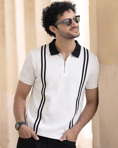 Image of AUSK Men's Textured Vertical Striped Knit Polo T-Shirt | Half Sleeve Zipper Neck Self-Design Casual Tee | Mens Tshirts