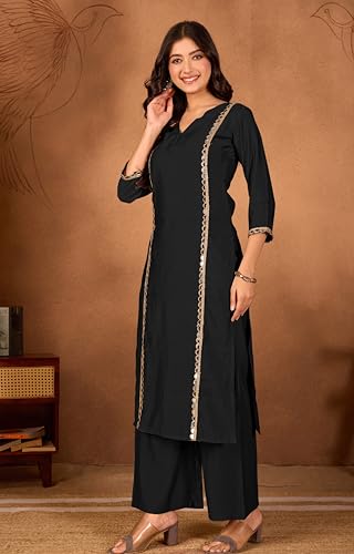Image of Women Straight-Cut Kurta Pant Set with Subtle Golden Lace Embellishment | Elegant Ethnic Wear for Festive, Office & Casual Use