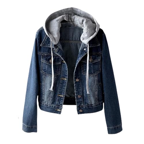 Women's Casual Long Sleeve Slim Hoodie Denim Jacket, Button Down Removable Hoodie Jean Jacket