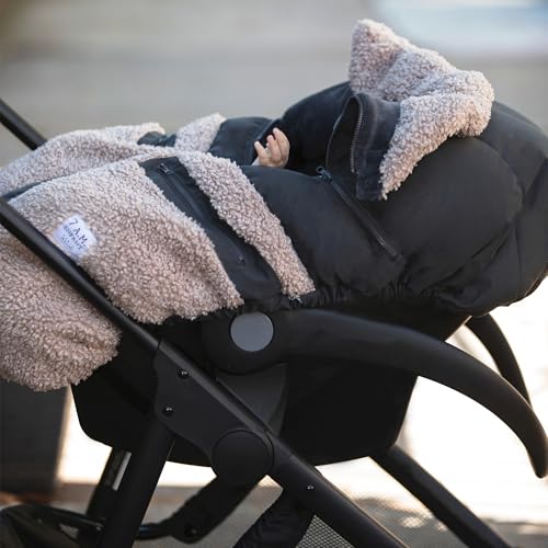 Image of 7AM Enfant Car Seat Covers - Cocoon Baby Cover for Boys & Girls, Rain & Snow Repellent, Breathable Windproof, Center Zipper, Universal Fit for Infant Car Seat (0-12M) (Applique Oatmeal)