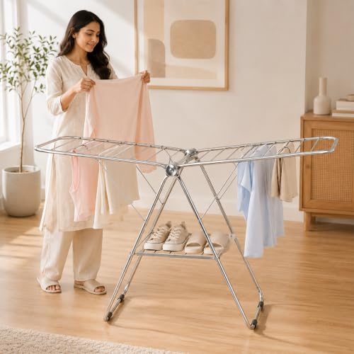 Image of TEX-RO Butterfly Clothes Drying Stand Foldable | Mild Steel Cloth Dryer Stand with Large Drying Rack | Clothes Hanging Stand for Indoor & Outdoor Use | Heavy Duty Cloth Stand for Drying Clothes