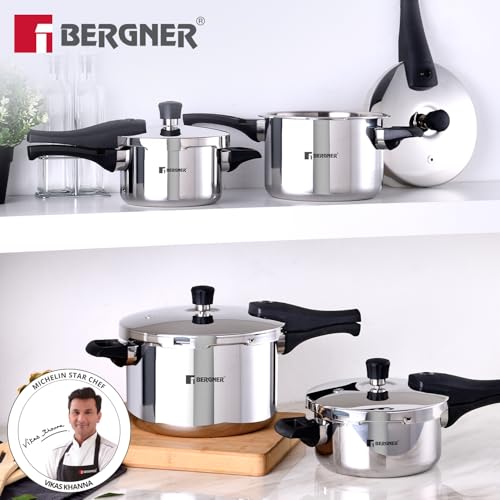 Image of Bergner Argent Elements Triply Stainless Steel 5.5 L Outer Lid Pressure Cooker, Healthy Cooking, Even Heat Distribution, Sturdy Handle, Easy Lock System, Safety Gasket - Induction and Gas Stove Ready