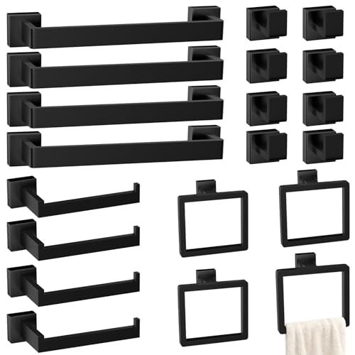 Image of 20-Pieces Matte Black Bathroom Accessories Set, 16 Inch Bath Towel Bar Set | Stainless Steel, Towel Ring, Toilet Paper Holder, Robe Hooks, Towel Racks for Bathroom Wall Mounted, Bathroom Hardware Set