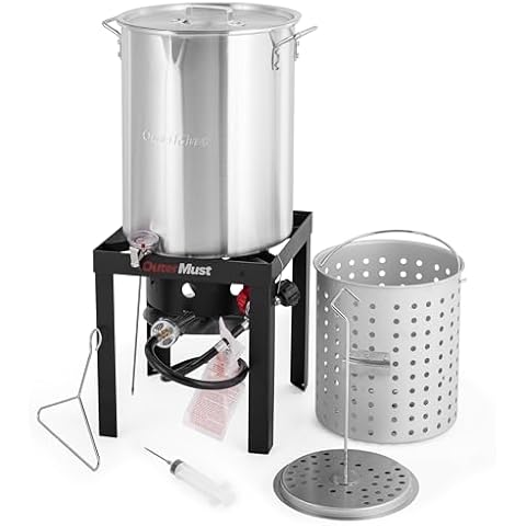 OuterMust 30 QT. Crawfish Boil Pot Set 50,000 BTU Seafood Boil Pot with Basket and Burner Set, Ideal for Cooking Turkey, Crawfish, Crab Cover