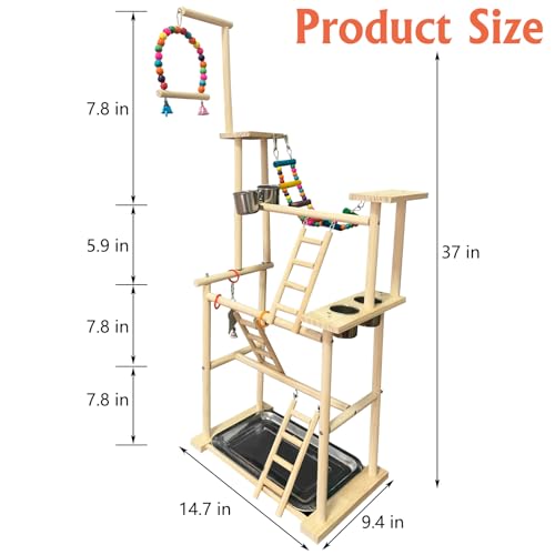 Hamiledyi Natural Wood Bird Playground Stand with 4 Large Layers - Exercise Perch for Parrots Cockatiels and Small Birds Indoor Bird Activity Center with Ladders and Swings - Thumbnail 3