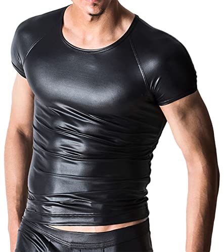 Mens Night Club Leather Tunic See Through Short Sleeve Pullover Shirt Gymness Muscle Top Fashion Metallic PU Leather Tshirt Cosplay Party Costume Top