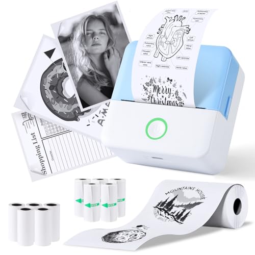 PRAOAHEI Mini Drucker, Tragbarer Fotodrucker mit 10 Rollen Druckerpapier, Bluetooth-Etikettendrucker, Thermodrucker für Notizen, Fotos, Tagebücher, Heimwerken, kompatibel mit iOS und Android (Blau)