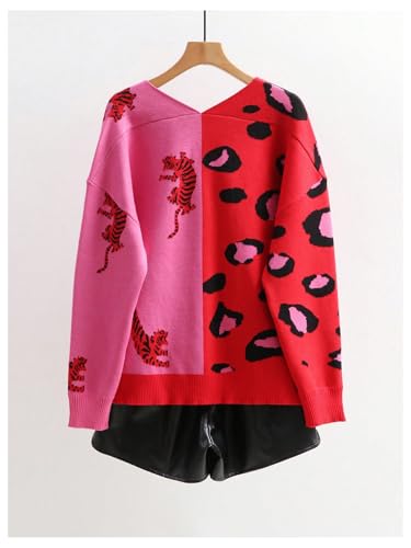 Image of WDIRARA Women's Leopard Tiger Print Cardigan V Neck Long Sleeve Color Block Button Down Sweater Outwear