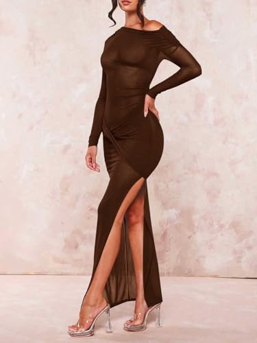 Image of Floerns Women's Asymmetrical Neck Sheer Mesh Long Sleeve Evening Bodycon Maxi Dress