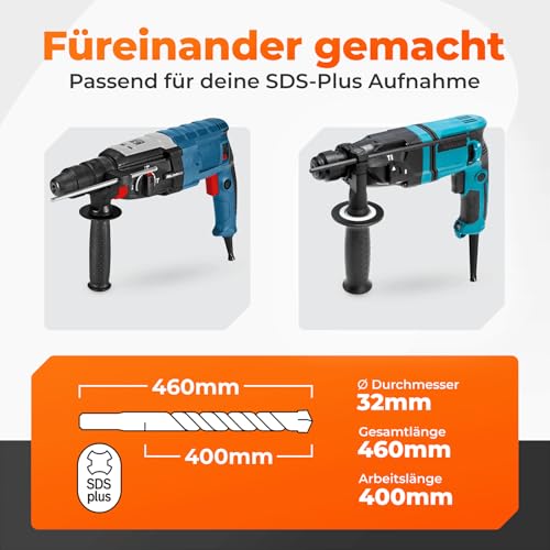 BAUBECK SDS Plus Bohrer 32mm x 460mm lang für Beton & Stein - Premium 40CR Stahl, langlebig - 4 Schneiden Steinbohrer 32mm für beste… – Ansicht 4