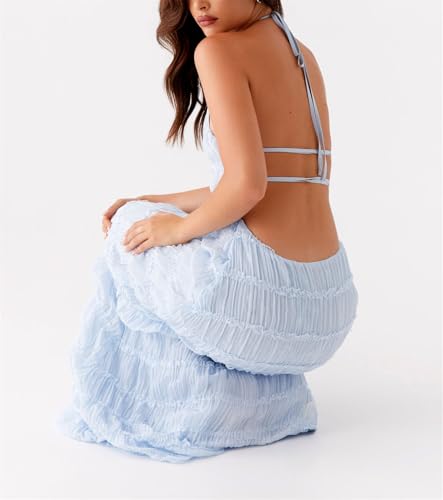 Image of Women Halter Ruched Maxi Dress Backless Sleeveless Long Dress Bodycon See Througn Pleated Sundress Beachwear